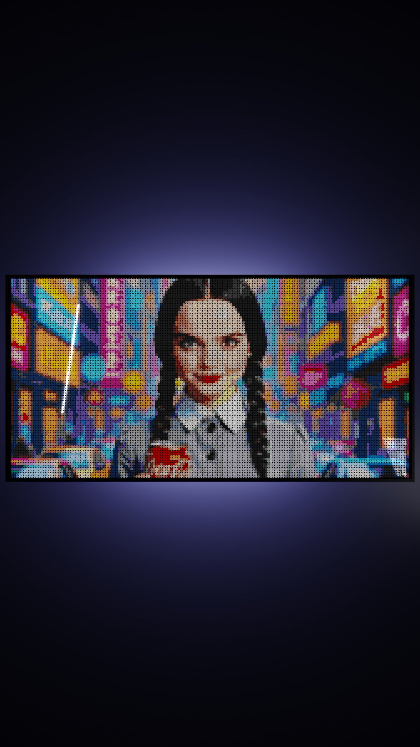 Wednesday Addams LEGO® Style mosaic wall art made from colorful plastic bricks